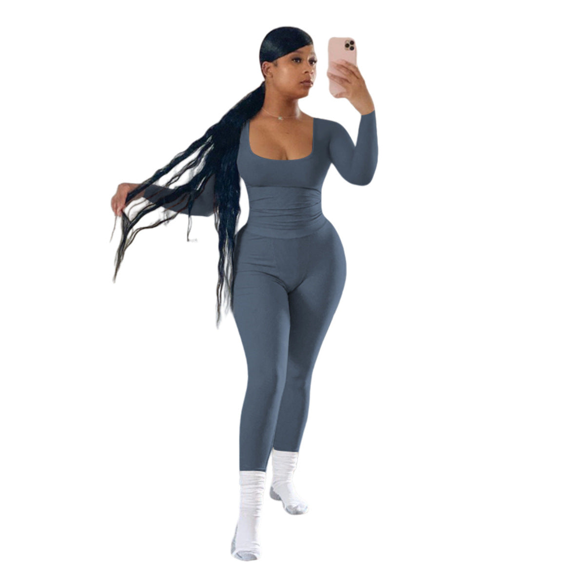 Women Fashion Casual Solid Color Thread Long Sleeve Top Tight Pants Two-Piece Set