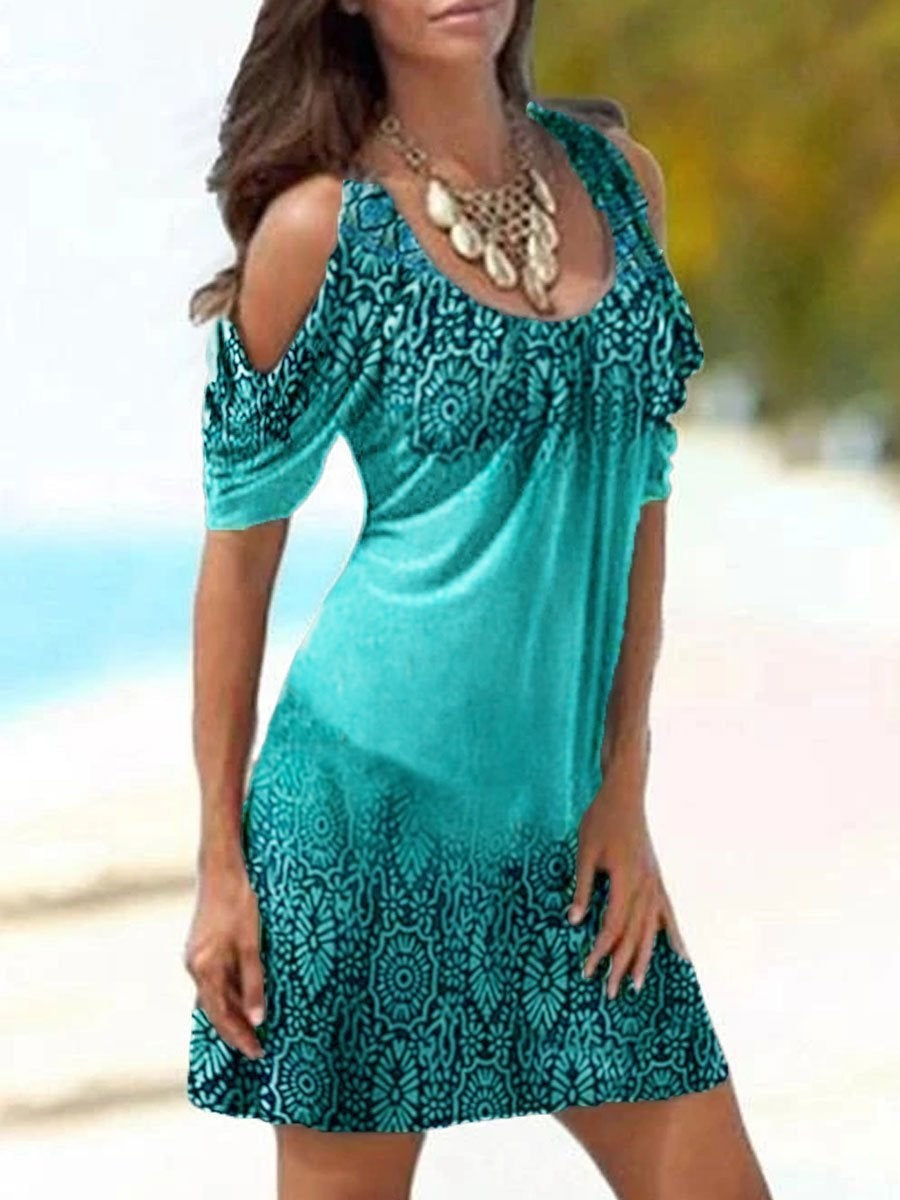Women Fashion Sunflower 3d Digital Printing Casual Coo-Shoulder U Neck Dress