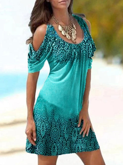 Women Fashion Sunflower 3d Digital Printing Casual Coo-Shoulder U Neck Dress
