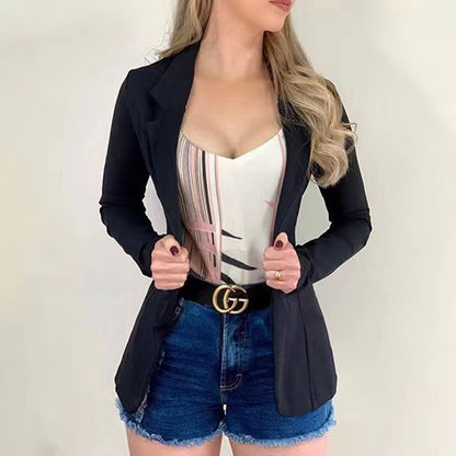 Blazer de oficina informal básico de color liso con mangas largas y solapa ajustada para mujer