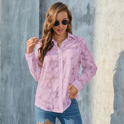 Blusa informal de gasa holgada con estampado floral y solapa de manga larga para mujer