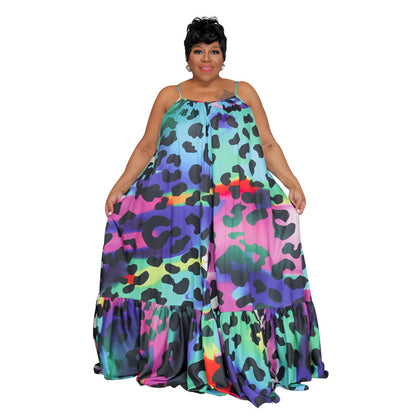 Women Plus Size Casual Loose Floral Leopard Print Spaghetti Strap Maxi Dress