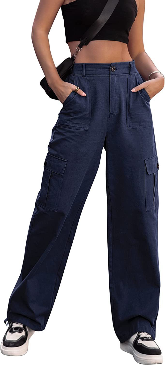 Summer Casual Women Plus Size Button High Waist Wide Leg Cargo Pants
