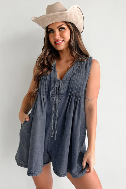 Women Fashion Casual Solid Color V-Neck Sleeveless Loose Denim Rompers