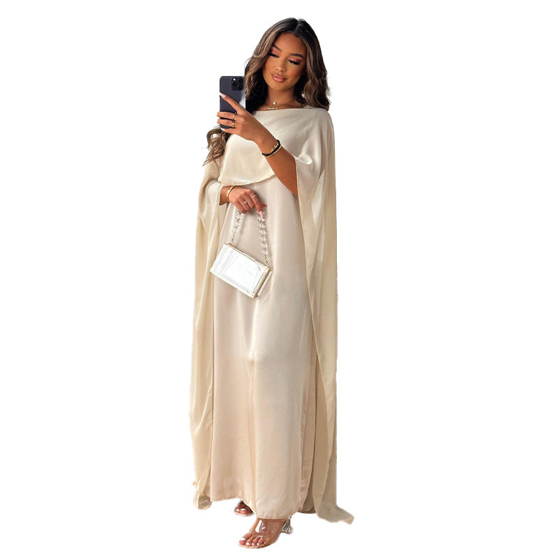 Women Fashion Casual Solid Color Round Neck Loose Abaya Chiffon Maxi Dress