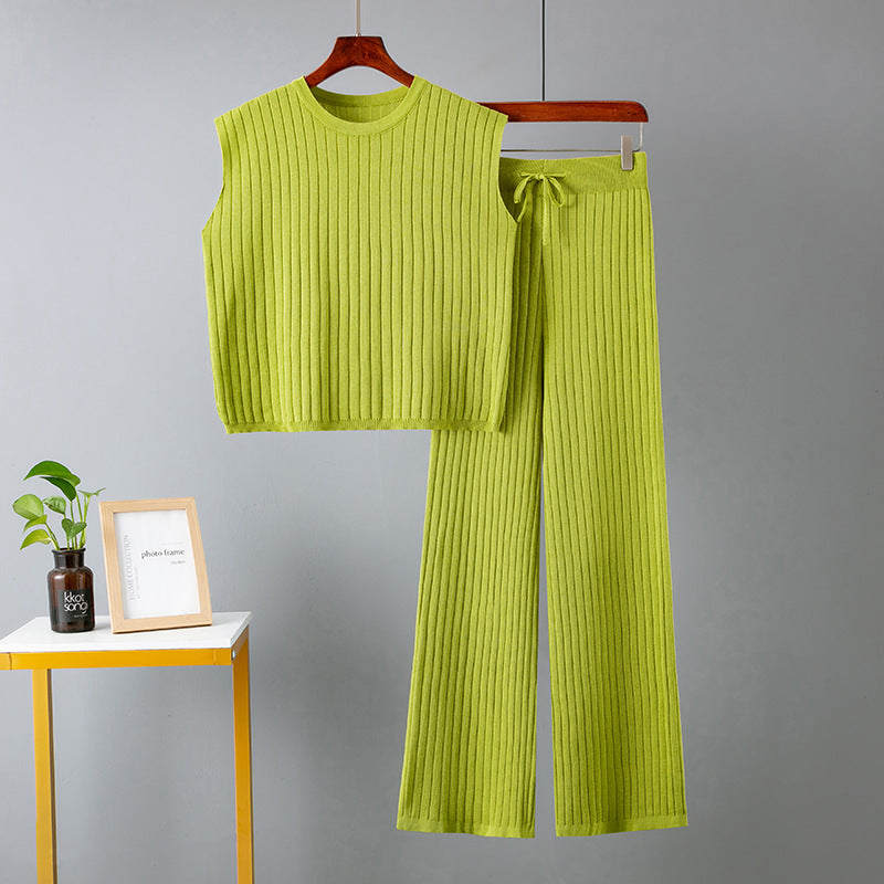 Women Fashion Loose Casual Solid Color Knitted Vest Pants Two-Piece Set