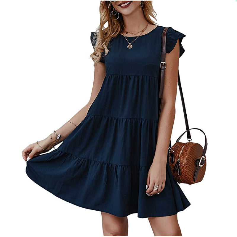Women Summer Casual Solid Color Round Neck Casual Pleated Large Swing Dress