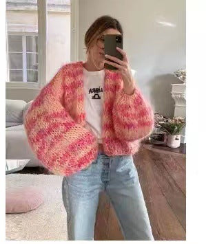 Women Fashion Casual Rainbow Stripe Long Sleeve Loose Knitwear