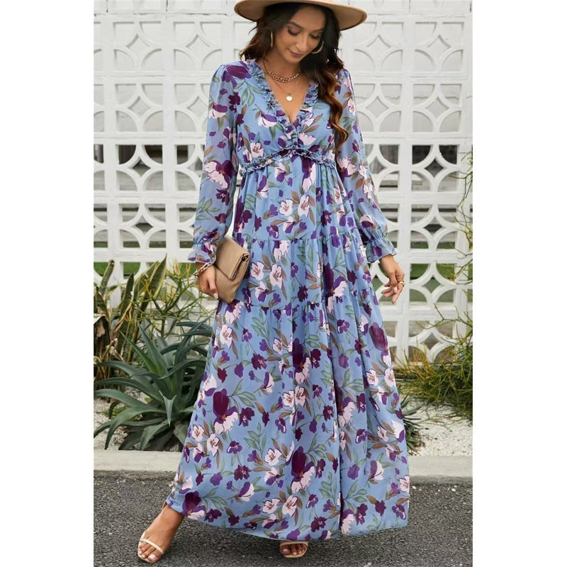 Women Ruffled Layered Long-Sleeve Tiny Flower Pullover V-Neck Casual Maxi Dress