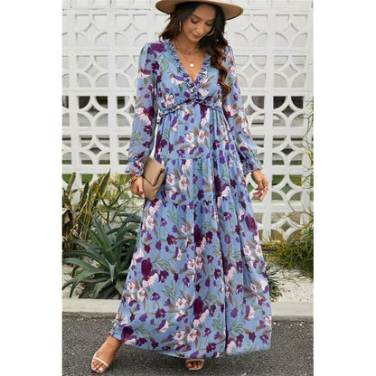 Women Ruffled Layered Long-Sleeve Tiny Flower Pullover V-Neck Casual Maxi Dress