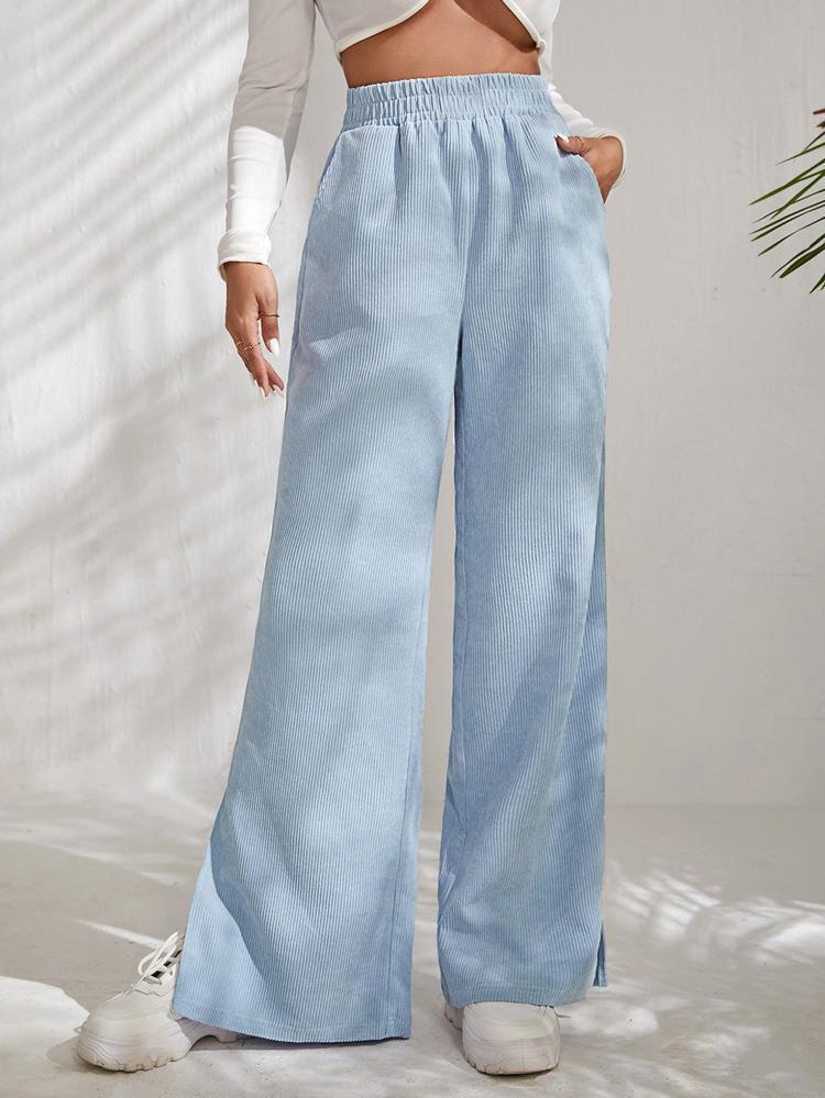 Women Fashion High Waist Casual Solid Color Corduroy Stitching Slit Pants