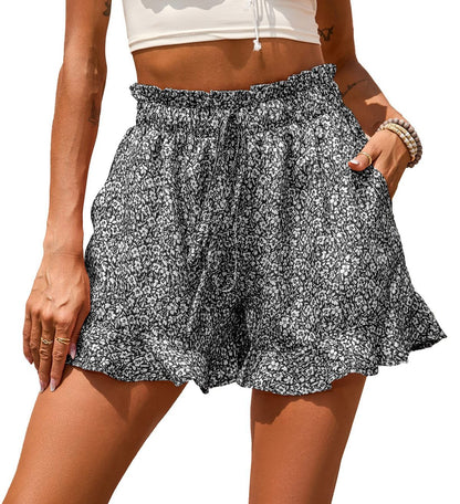 Women Fashion Casual Vacation Floral Printed Chiffon Pocket Drawstring Shorts