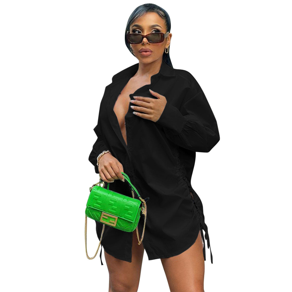 Summer Women Casual Solid Color Hollow Lace-Up Long Sleeve Shirt Dress