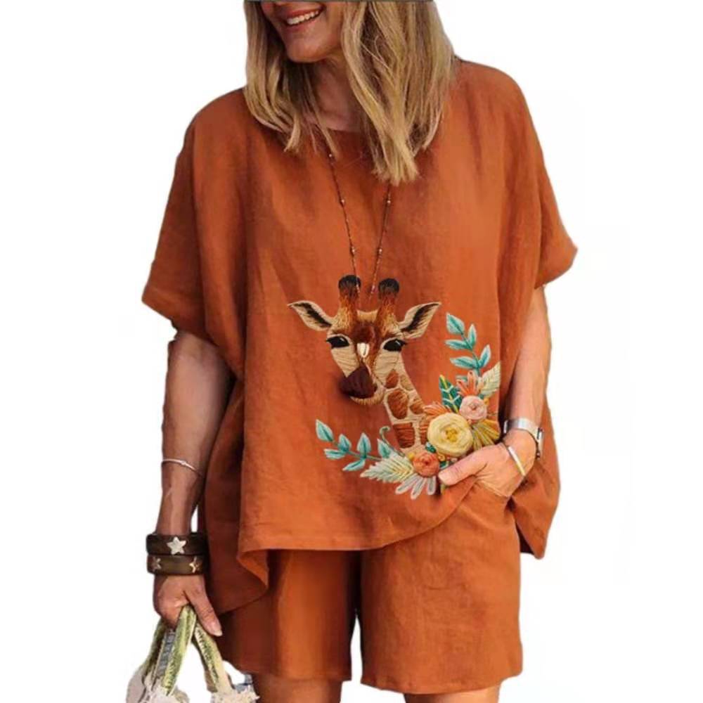 Women Casual Summer Floral Print Loose Short Sleeve T-Shirt And Shorts Set
