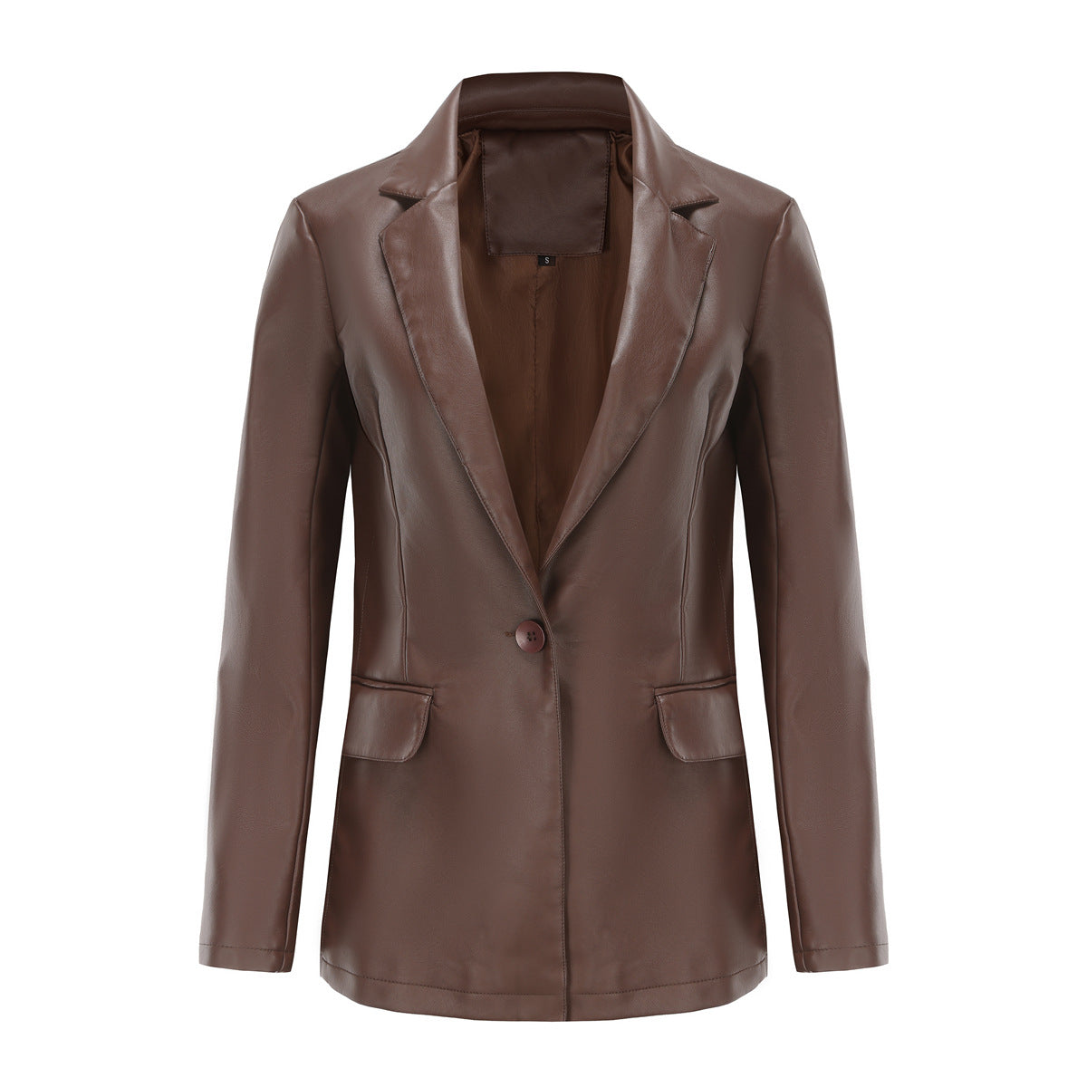 Chaqueta blazer informal de PU de manga larga con solapa de color sólido para mujer