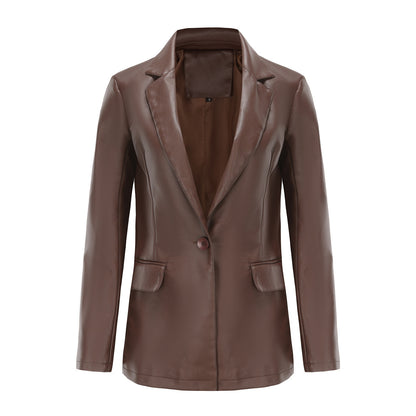 Chaqueta blazer informal de PU de manga larga con solapa de color sólido para mujer