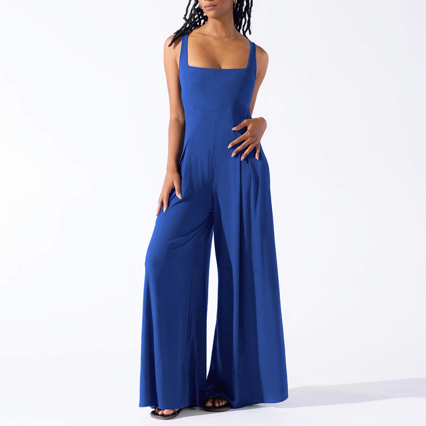 Women Fashion Casual Solid Color Strap Wide Leg Jumpsuits