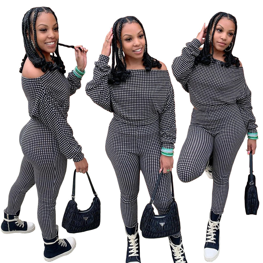 Conjunto de dos piezas de top y pantalón holgados informales de manga larga con cuello oblicuo y estampado a cuadros para mujer