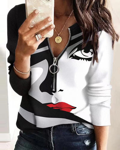 Blusa informal de manga larga con cremallera y estampado de letras para mujer