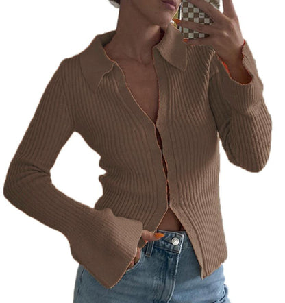 Women Casual Solid Color Lapel Long Sleeve Knitted Sweater