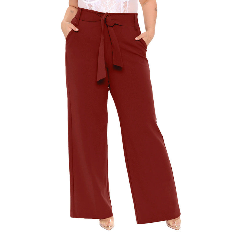 Summer Women Casual Solid Color Loose Lace-Up Wide-Leg Pants