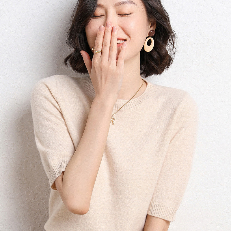Spring And Summer Women Solid Color Casual Versatile Knitted Short-Sleeved Round Neck Knitwear Sweater