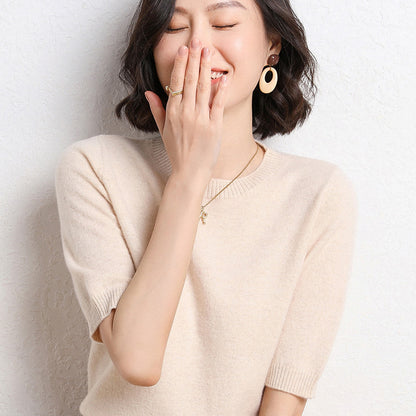 Spring And Summer Women Solid Color Casual Versatile Knitted Short-Sleeved Round Neck Knitwear Sweater