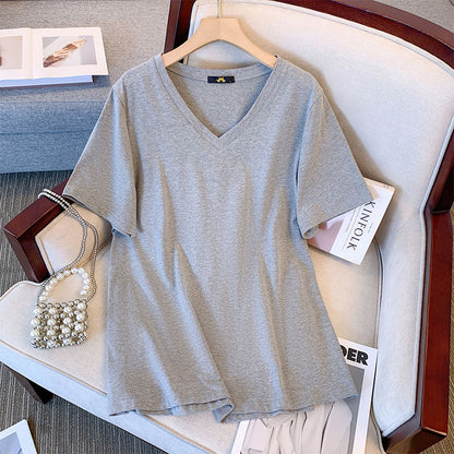 Camiseta informal de verano para mujer, color liso, cuello en V y manga corta
