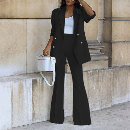Traje de dos piezas con blazer informal de color liso y pantalones anchos para mujer