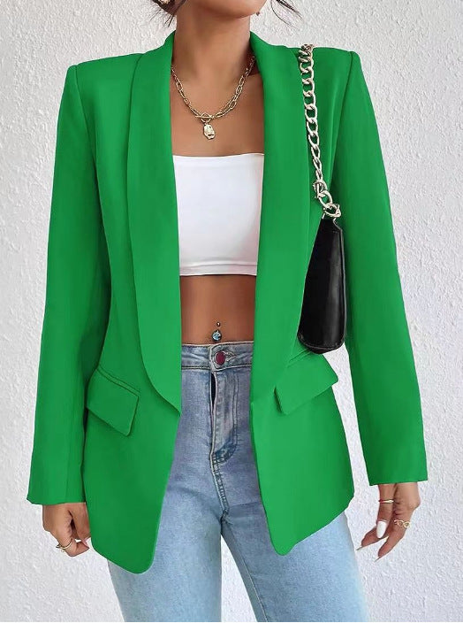 Chaqueta blazer informal de manga larga con solapa de color liso para mujer