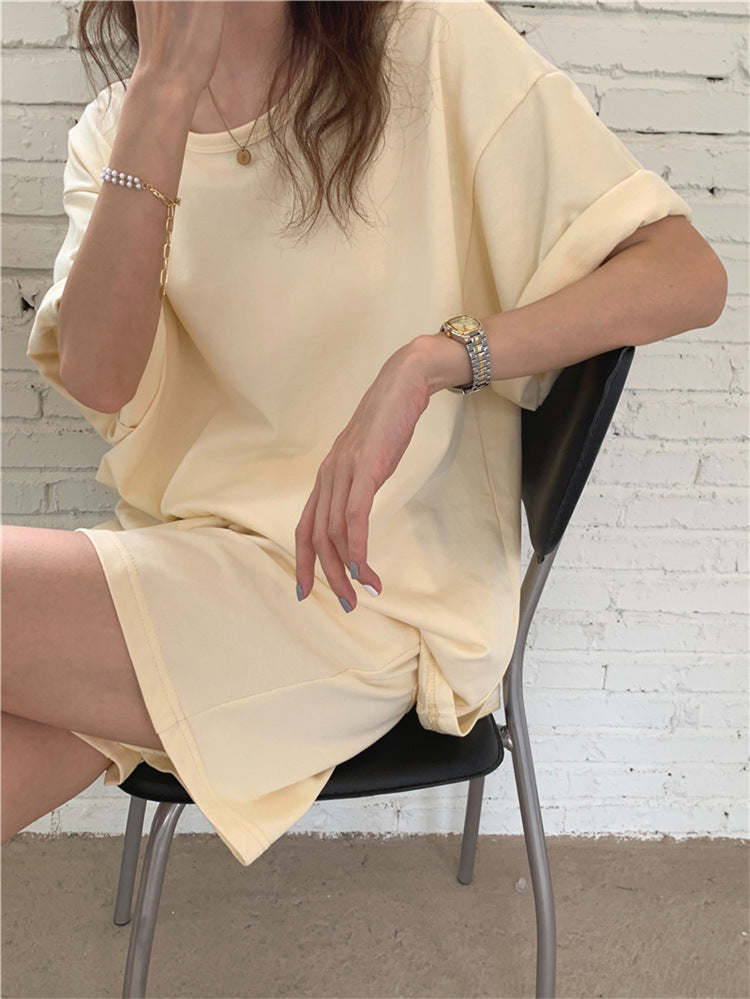 Women Fashion Casual Solid Color Round Neck Short Sleeve Top Shorts Sports Set