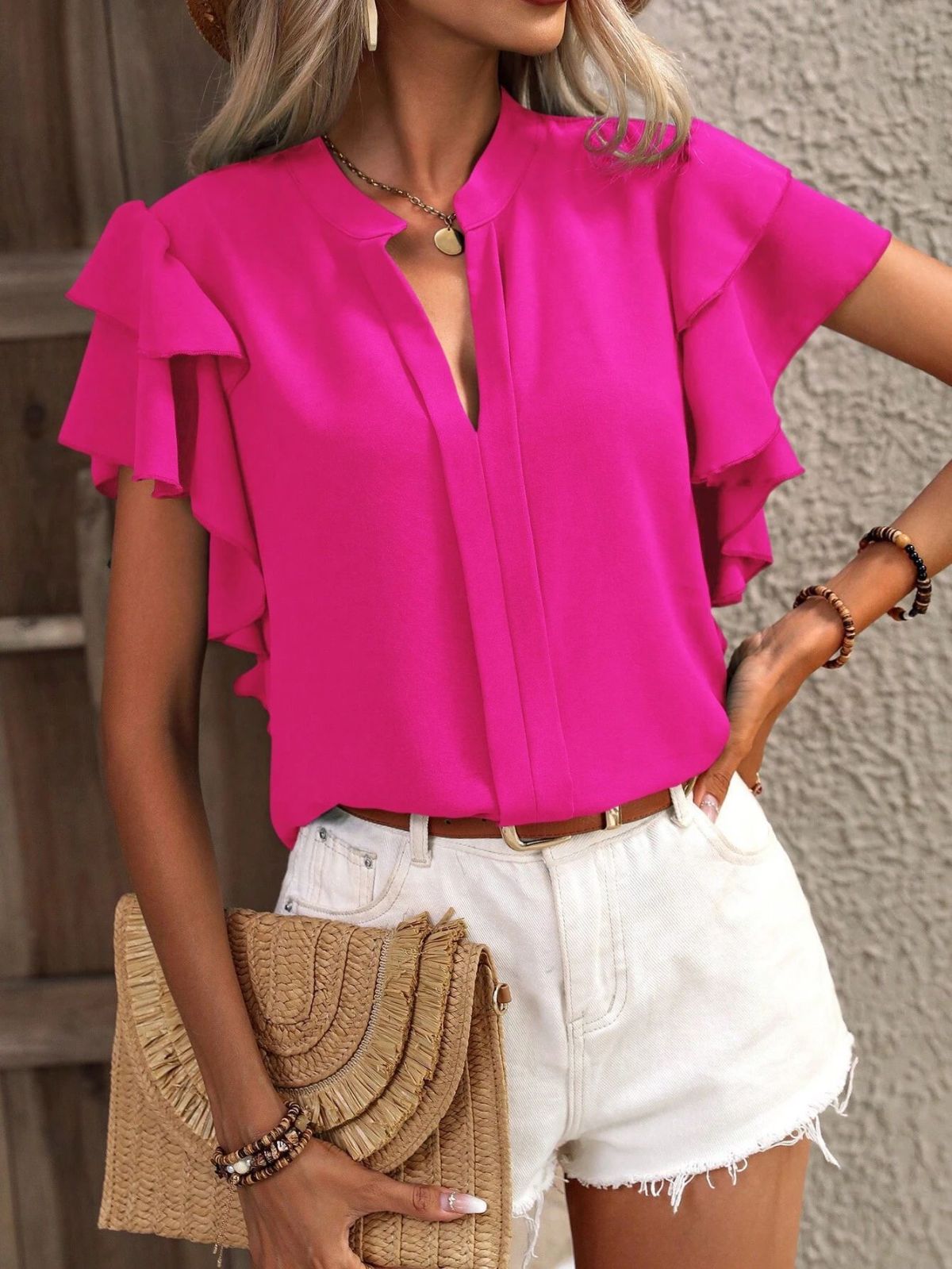 Blusa informal de verano para mujer, color liso, con cuello en V y mangas de hoja de loto de doble capa