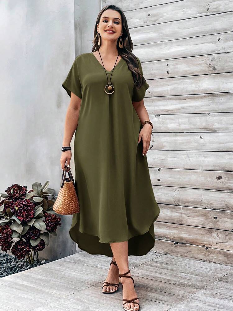 Spring And Summer Plus Size Women Fashion Casual V-Neck Dress
