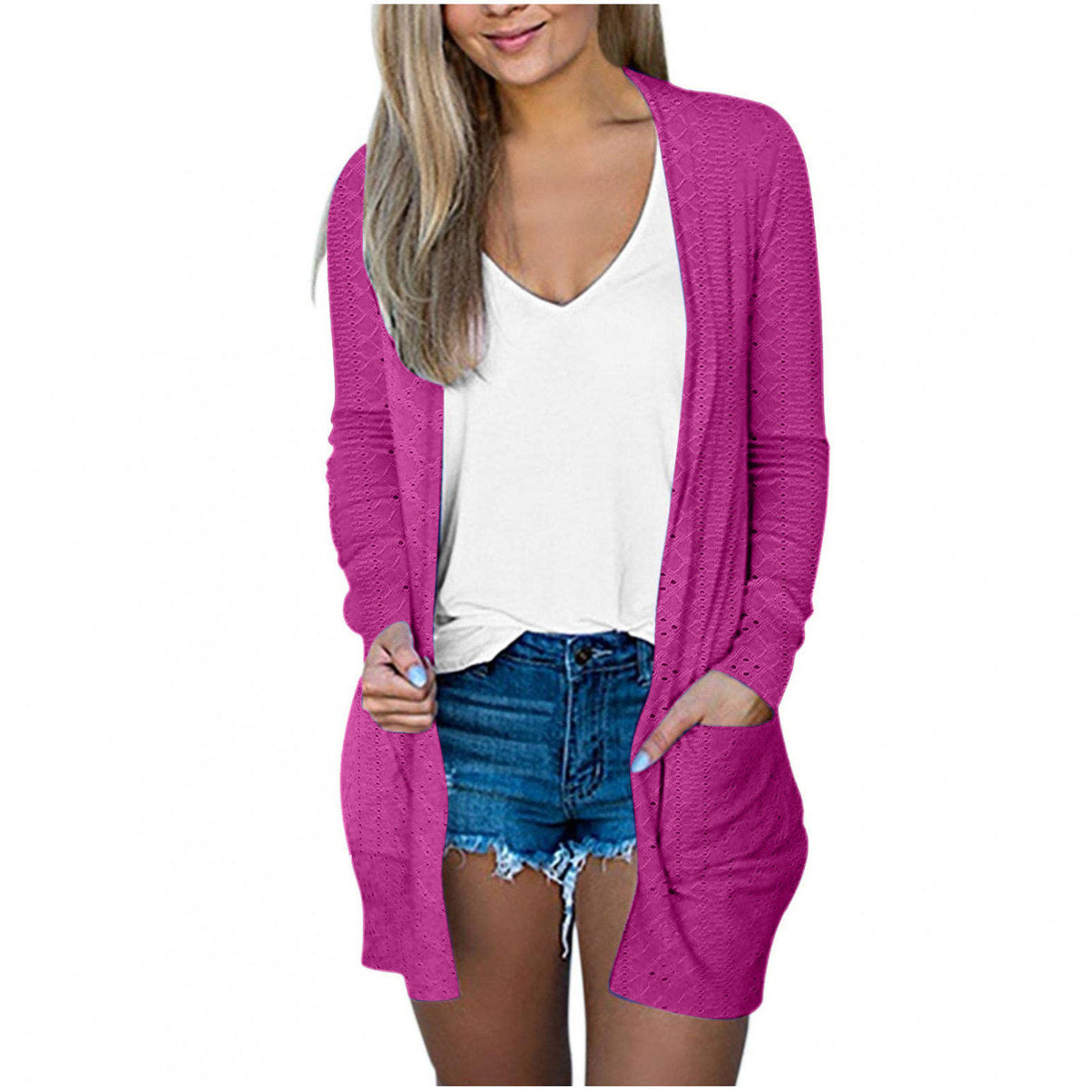 Abrigo informal holgado de manga larga con bolsillos en color liso para mujer