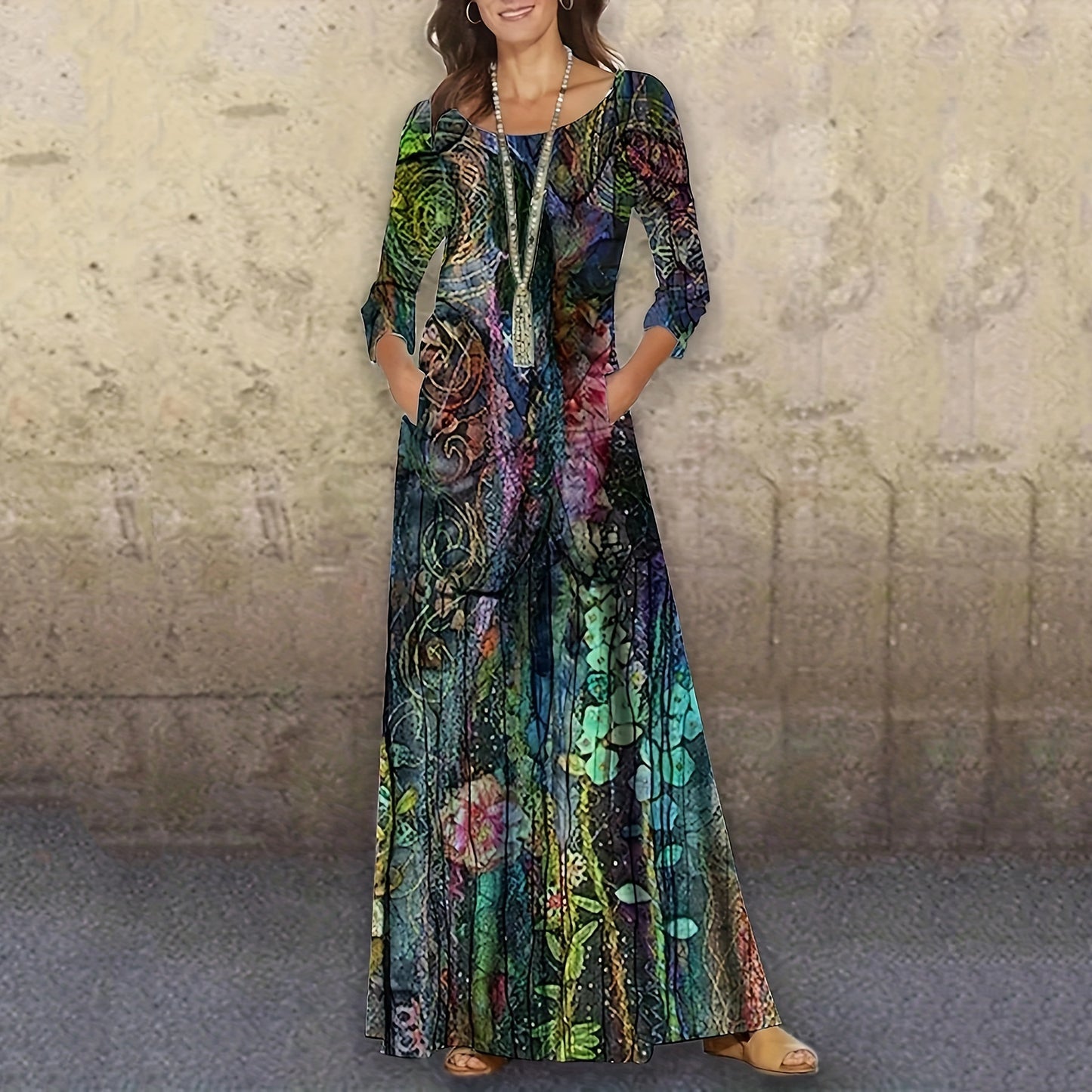 Vestido largo informal de manga larga con estampado floral para mujer