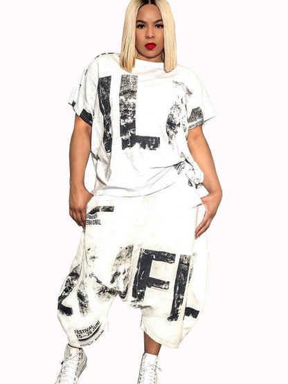 Conjunto informal de 2 piezas con estampado de letras para mujer, camiseta y pantalones bombachos