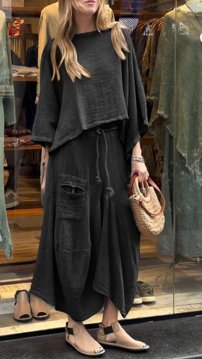 Conjunto de dos piezas para mujer, informal, de color liso, holgado, de manga larga, con falda irregular y cordones
