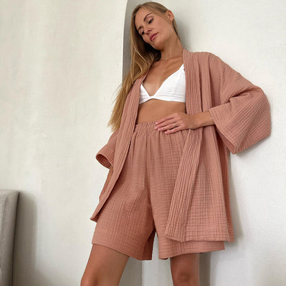 Conjunto de pijama informal de color liso con cordones para mujer