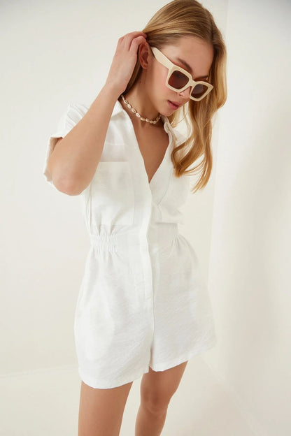 Overalls Casual Women Short-Sleeved Loose-Fit Cotton And Linen Casual Wide-Leg Rompers