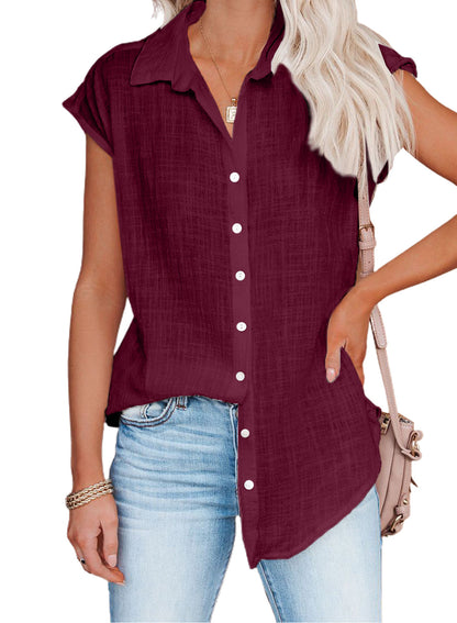 Blusa informal holgada de color liso con solapa y botonadura sencilla sin mangas para mujer