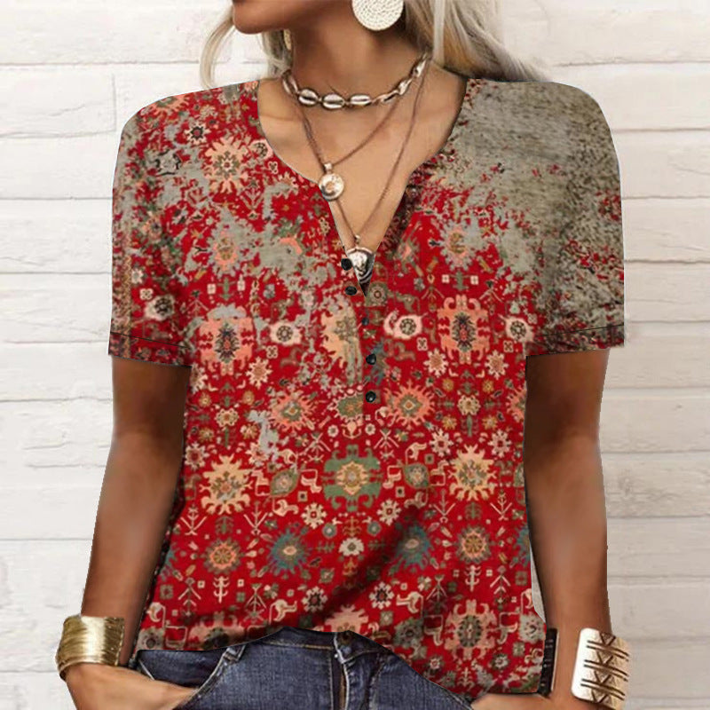 Camiseta informal de manga corta con estampado floral para mujer