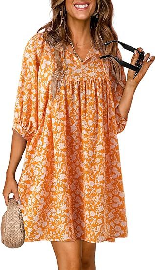 Vestido bohemio informal con estampado floral y cuello en V y mangas farol para mujer