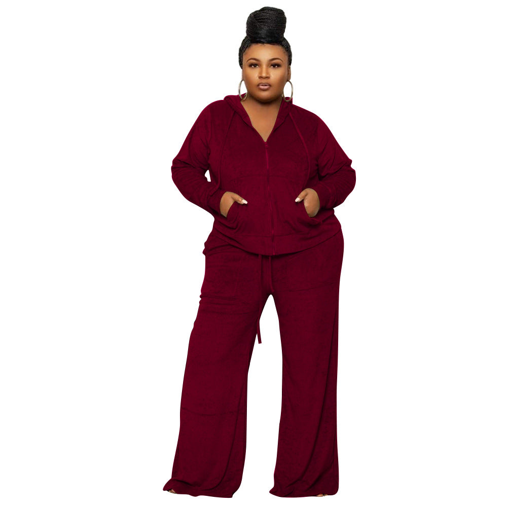 Conjunto de dos piezas de cárdigan informal de otoño para mujer, color liso, con capucha y cremallera, y pantalones anchos de cintura alta.