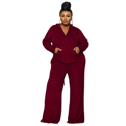 Conjunto de dos piezas de cárdigan informal de otoño para mujer, color liso, con capucha y cremallera, y pantalones anchos de cintura alta.