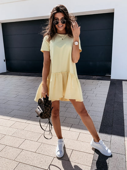 Women Casual Summer Solid Color Short-sleeved Loose Round Neck Ruffle Dress