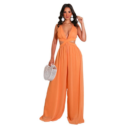 Women Solid Color Casual Loose Chiffon Jumpsuit