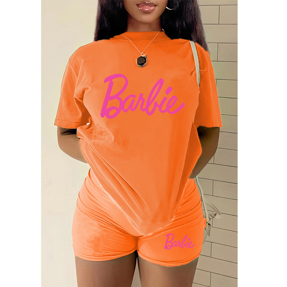 Conjunto de dos piezas con top y pantalones cortos con estampado del alfabeto de Barbie para mujer