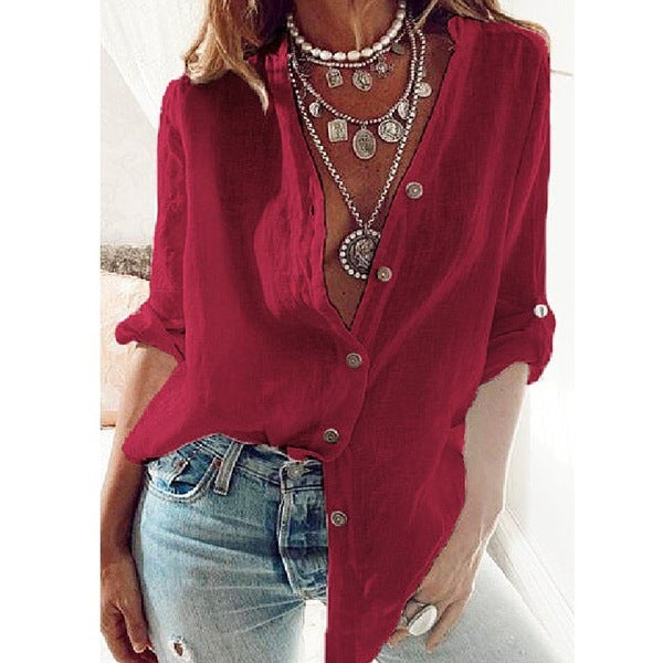 Camisa de lino y algodón de otoño de gran tamaño S-5XL, camisas de moda con botones para mujer, blusas blancas informales holgadas, blusa lisa con mangas enrollables