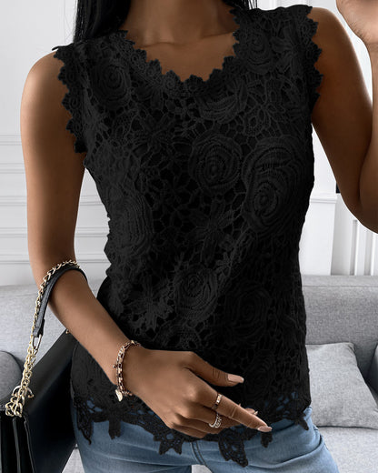 Women Basic Elegant Summer U Neck Sleeveless Solid Color Casual Fashion Lace Tank Top