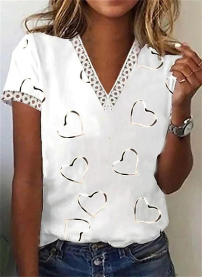 Blusa informal de verano para mujer, con escote en V, encaje, plumas, estampado floral, manga corta
